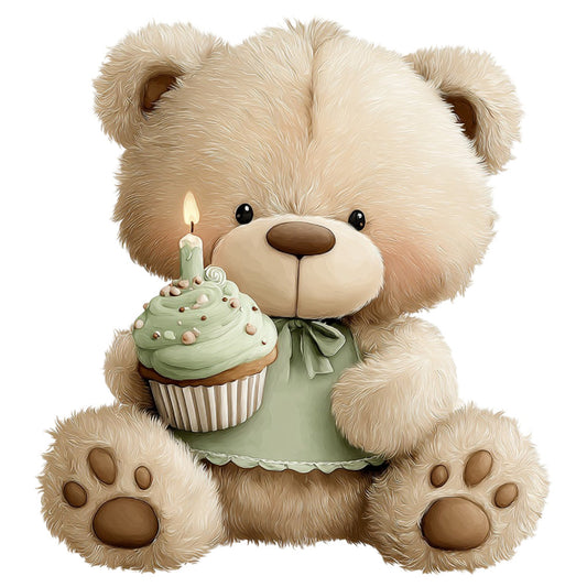teddy bear, cute animals, baby, cream, beige, sage green, soft green, pastel green, mint green, light brown, tan, whimsical, adorable, children's, nursery, birthday, celebration, cupcake, candle, bow, gentle, sweet, soft colors, kids, playful, storybook, illustration style, decorative, gift-giving