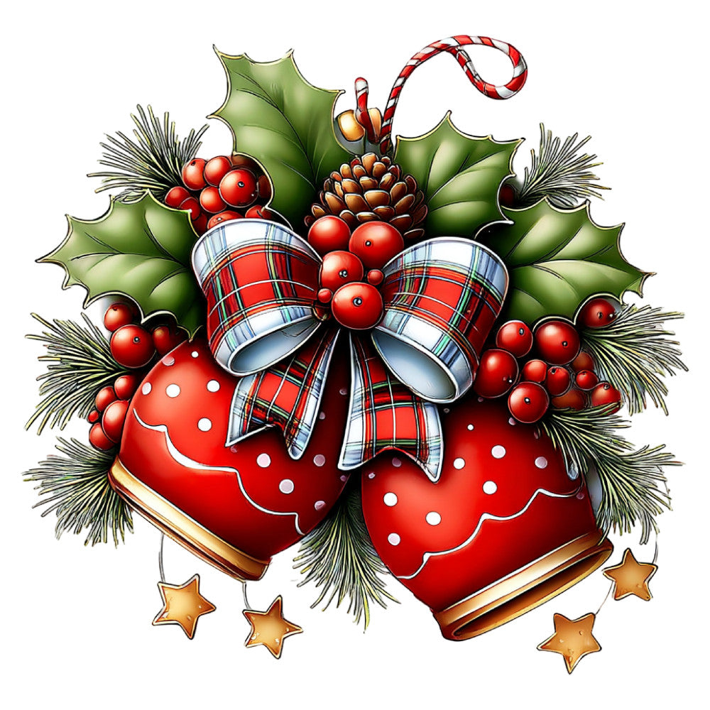 red, cream, forest green, gold, plaid, holiday, christmas, mittens, holly, berries, candy cane, pinecone, festive, traditional, whimsical, winter, seasonal, decorative, stars, gingerbread, rustic, elegant, vintage, nostalgic, cheerful, red and white, green leaves, polka dots, scalloped edges, Christmas panel