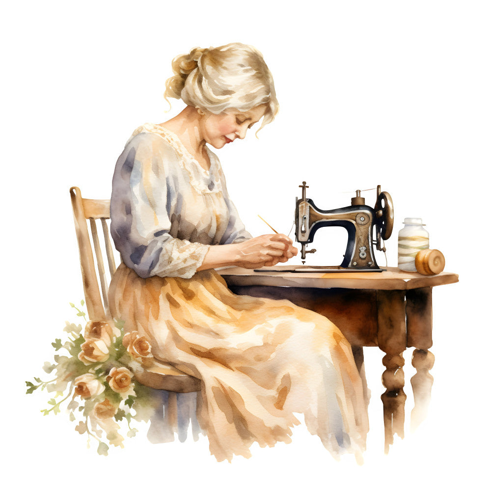vintage woman, sewing, antique sewing machine, cream, beige, tan, soft gold, dusty blue, floral, roses, peach roses, botanical, timeless, elegant, nostalgic, retro, traditional, cottage core, farmhouse, victorian, classic, needle and thread, crafting, feminine, romantic, sentimental, sepia tones, heritage, timeless beauty