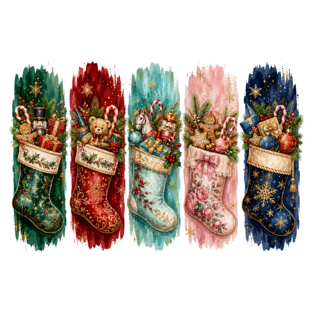 christmas stocking, holiday, festive, vintage christmas, traditional christmas, whimsical, elegant, forest green, deep red, burgundy, dusty blue, navy blue, dusty rose, pink, gold accents, nutcracker, teddy bear, candy cane, gingerbread man, ornaments, evergreen branches, holly, christmas decorations, nostalgic, victorian, decorative, wall hanging, festive decor, winter themed, timeless