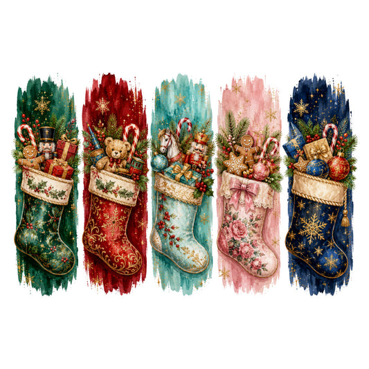 christmas stocking, holiday, festive, vintage christmas, traditional christmas, whimsical, elegant, forest green, deep red, burgundy, dusty blue, navy blue, dusty rose, pink, gold accents, nutcracker, teddy bear, candy cane, gingerbread man, ornaments, evergreen branches, holly, christmas decorations, nostalgic, victorian, decorative, wall hanging, festive decor, winter themed, timeless