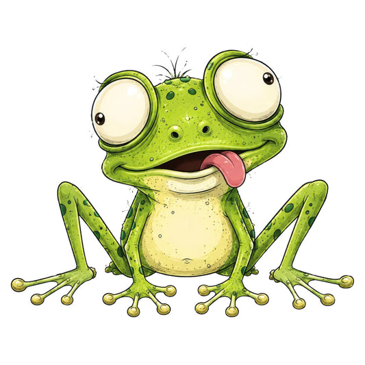 lime green, cream, yellow-green, chartreuse, whimsical, cute, playful, frog, amphibian, animal, children's, kids, cartoon, tongue out, happy, smiling, cheerful, fun, spring, summer, nature, pond life, wildlife, baby, nursery, juvenile, silly, humor, humorous