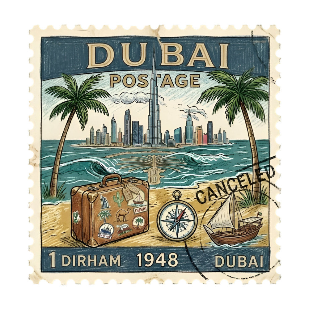 dubai, vintage postage, travel themed, nautical, vintage travel, palm trees, beach scene, cityscape, compass, sailing ship, suitcase, luggage, turquoise, cream, tan, sandy beige, navy blue, teal, retro, vintage stamps, 1948, tropical, adventure, wanderlust, vintage aesthetic, classic, traditional, heritage, collectible, travel destinations