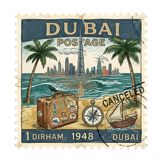 dubai, vintage postage, travel themed, nautical, vintage travel, palm trees, beach scene, cityscape, compass, sailing ship, suitcase, luggage, turquoise, cream, tan, sandy beige, navy blue, teal, retro, vintage stamps, 1948, tropical, adventure, wanderlust, vintage aesthetic, classic, traditional, heritage, collectible, travel destinations