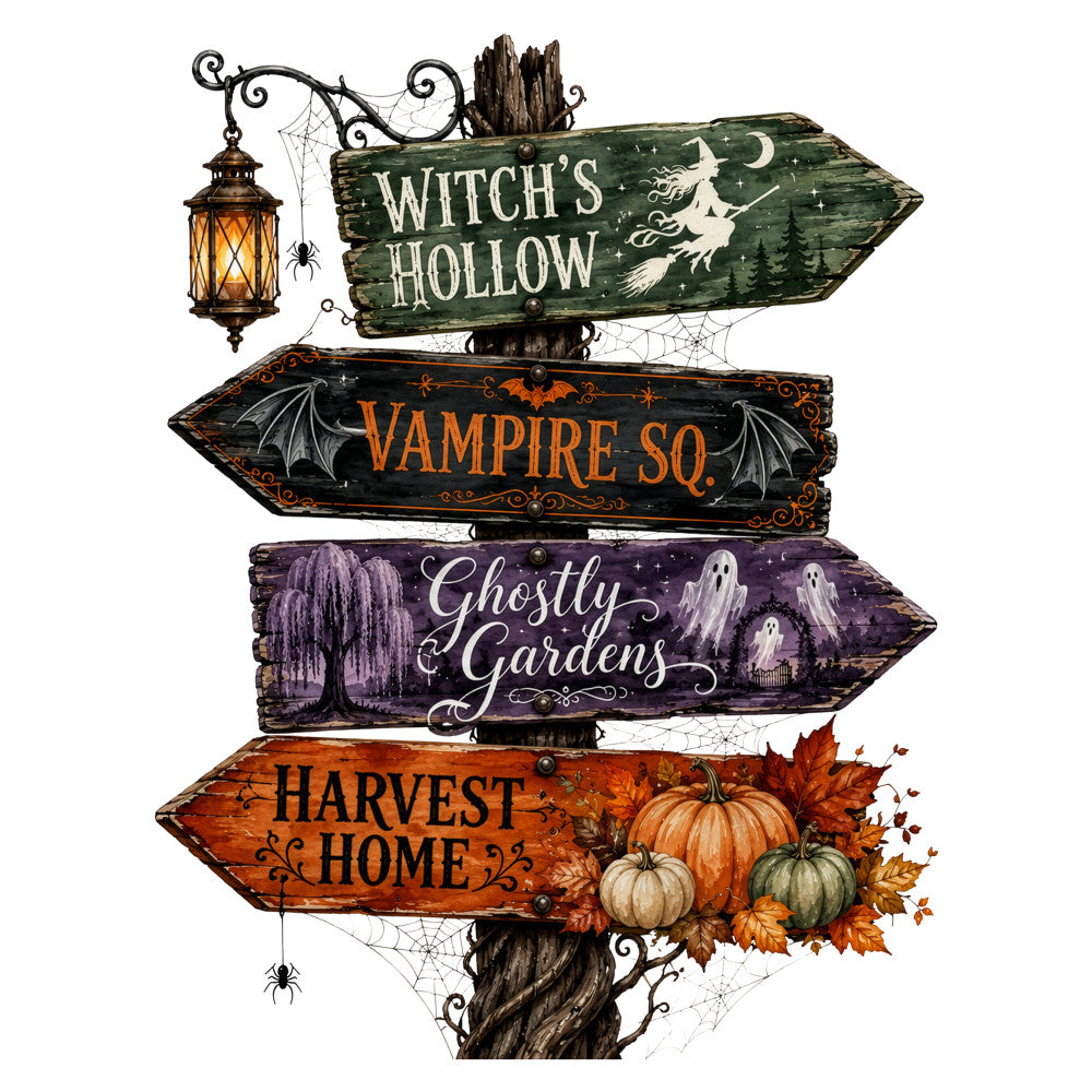 halloween, witch, vampire, ghost, autumn, fall, pumpkin, harvest, spooky, gothic, dark, directional sign, signpost, forest green, orange, purple, black, cream, whimsical, vintage, rustic, celestial, moon, stars, haunted, decorative, seasonal, holiday, wall hanging, home decor