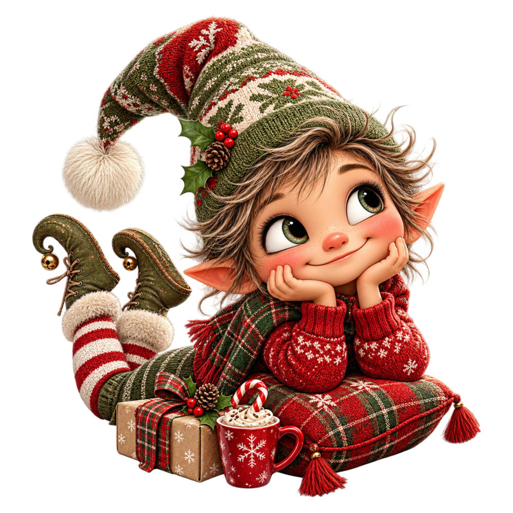 christmas elf, holiday, festive, whimsical, cute character, red, forest green, cream, gold accents, plaid, striped, snowflakes, pine cones, holly berries, candy cane, hot chocolate mug, gift box, vintage, traditional, playful, cheerful, winter, seasonal, children's, elf hat, pointed ears, red nose, sweater pattern, boots, cozy