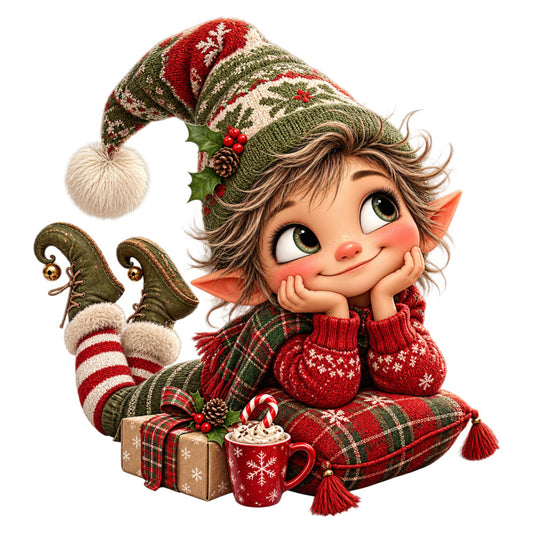 christmas elf, holiday, festive, whimsical, cute character, red, forest green, cream, gold accents, plaid, striped, snowflakes, pine cones, holly berries, candy cane, hot chocolate mug, gift box, vintage, traditional, playful, cheerful, winter, seasonal, children's, elf hat, pointed ears, red nose, sweater pattern, boots, cozy