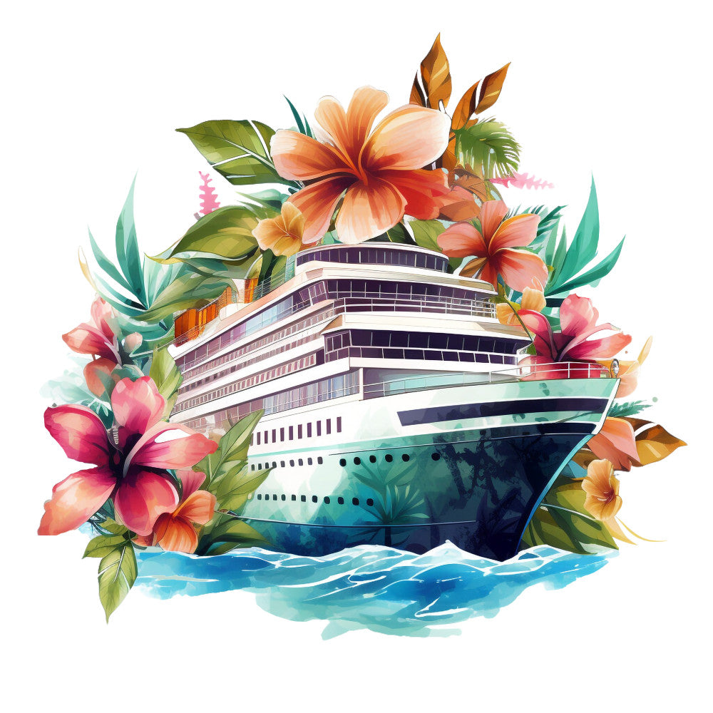 cruise ship, tropical flowers, hibiscus, ocean waves, coral pink, turquoise blue, orange blossoms, green foliage, watercolor style, nautical theme, vacation motif, fabric panel, quilting cotton, tropical paradise, maritime design, floral arrangement, summer vibes, coastal imagery, artistic illustration, crafting material