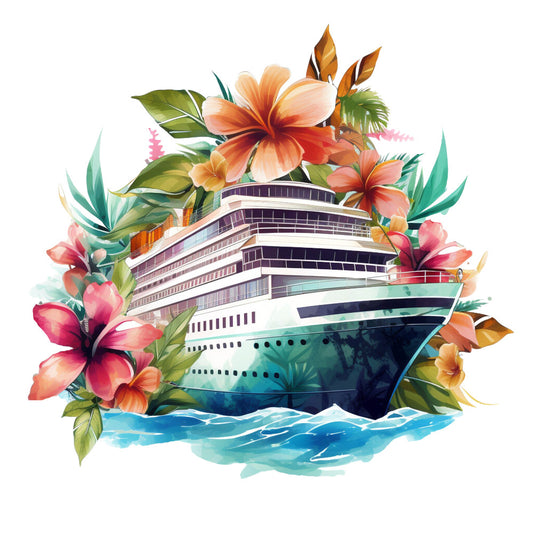 cruise ship, tropical flowers, hibiscus, ocean waves, coral pink, turquoise blue, orange blossoms, green foliage, watercolor style, nautical theme, vacation motif, fabric panel, quilting cotton, tropical paradise, maritime design, floral arrangement, summer vibes, coastal imagery, artistic illustration, crafting material