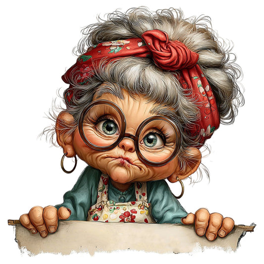 granny character, grandma, vintage, whimsical, playful, red headscarf, glasses, green jacket, floral apron, folk art, humorous, novelty, character panel, retro, nostalgic, cream, forest green, rust red, portrait, decorative, conversation print, children's fabric, storybook, cute, caricature, traditional, embellished, feminine