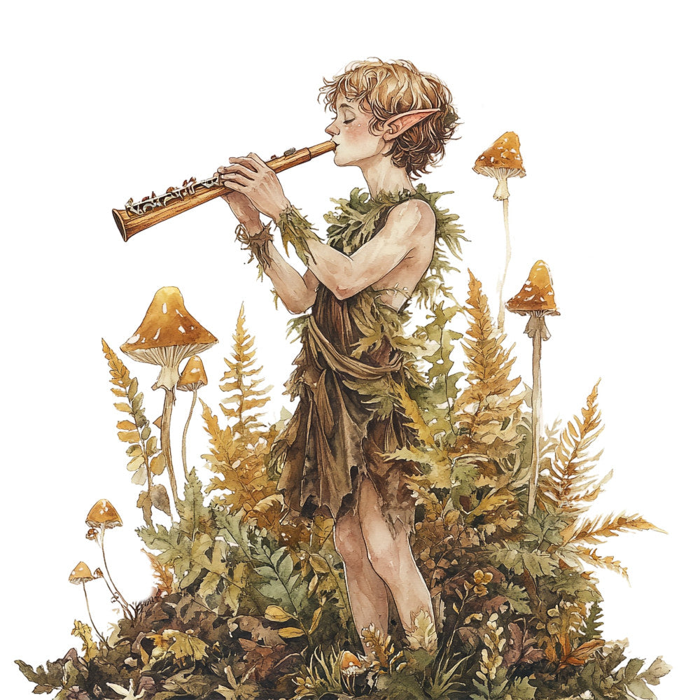 fairy tale, whimsical, woodland, forest green, golden yellow, tan, brown, sage green, nature, fantasy, elf, mushrooms, ferns, botanical, vintage illustration, storybook, enchanted forest, autumn, earthy tones, musical instrument, flute, creatures, magical, book illustration, art deco, hand painted style, cottagecore, nature lover, wall hanging, quilt panel