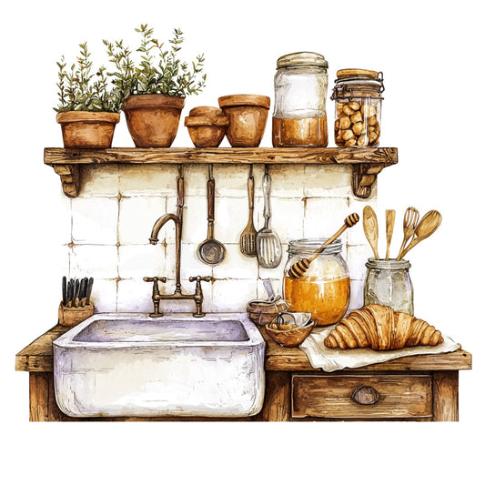 rustic kitchen, farmhouse style, terracotta pots, herb plants, wooden shelves, mason jars, honey jar, croissants, kitchen utensils, white subway tiles, farmhouse sink, brass faucet, wooden spoons, watercolor illustration, warm browns, cream colors, golden honey, cooking scene, country living, fabric panel