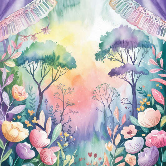 watercolor style, pastel colors, rainbow gradient, woodland scene, botanical illustration, floral border, trees, leaves, pink flowers, purple blooms, green foliage, whimsical art, nature motifs, fabric panel, quilting cotton, soft pastels, dreamy atmosphere, forest clearing, decorative border, artistic watercolor