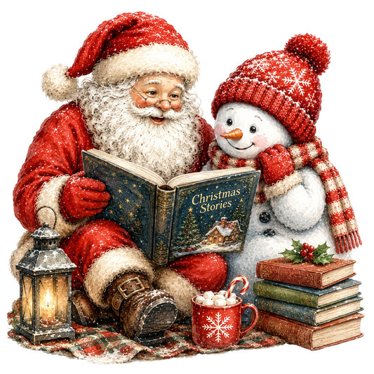 santa claus, snowman, christmas stories, holiday, winter, red, cream, gold, festive, traditional, whimsical, vintage, lantern, books, snow, candy cane, hot chocolate, nostalgic, storybook, children's, classic christmas, jolly, seasonal, reading, cozy, elegant, decorative, panel design