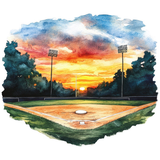 baseball, sports, sunset, sunrise, dramatic sky, orange sky, golden yellow, deep teal, forest green, burnt orange, red orange, coral, navy blue, silhouette, field, stadium lights, athletic, outdoor sports, evening, dusk, twilight, nature, landscape, americana, sports themed, game day, youth sports, school spirit, scenic, vibrant colors