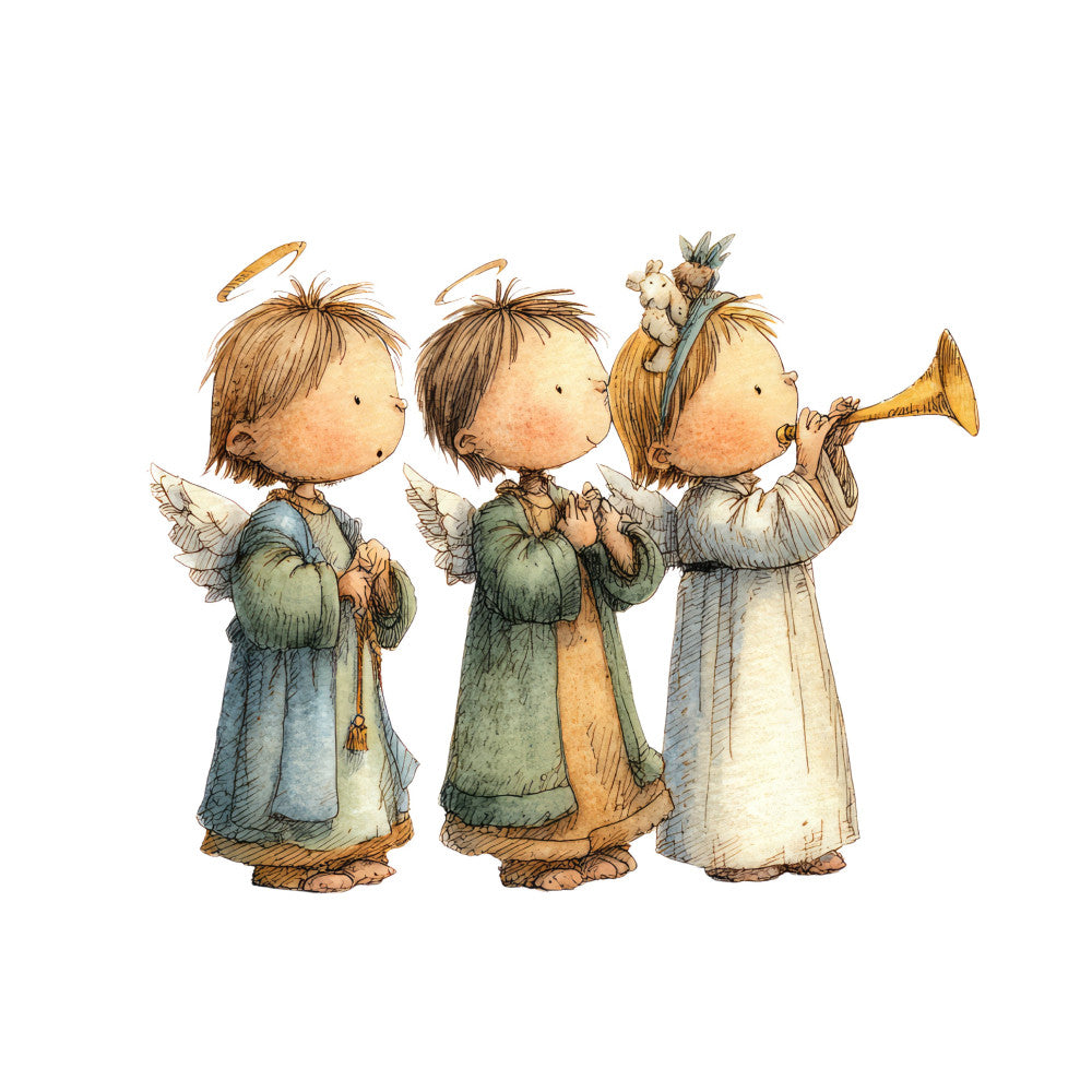 angel, cherub, christmas, cream, dusty blue, dusty green, festive, gold, holiday, illustrated, nativity, sage green, soft colors, spiritual, storybook, tan, traditional, vintage, whimsical, wings, winter, celestial, religious, peaceful, nursery, children's, sweet, charming, angelic figures, trumpet