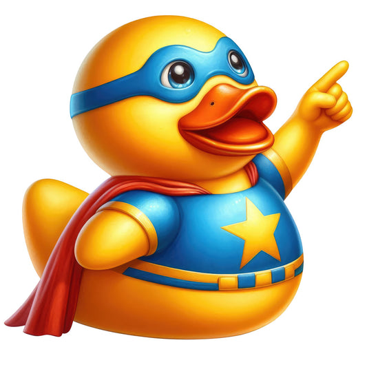superhero duck, yellow duck, blue cape, red cape, star motif, gold star, whimsical, playful, children's, baby, cartoon character, animal theme, bright yellow, royal blue, orange beak, cute, fun, comic book style, action pose, kids bedding, nursery, superhero theme, bold colors, cheerful, vibrant, character panel, novelty print, illustrative style