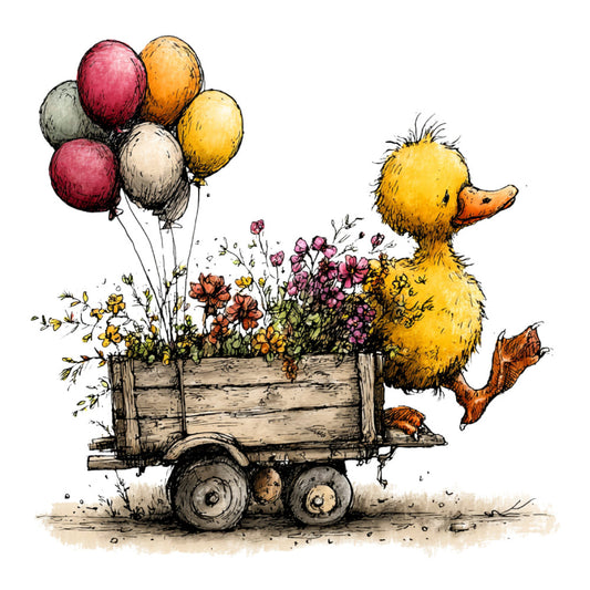 duck, balloons, flowers, floral, whimsical, charming, children's, baby, nursery, farmhouse, rustic, vintage, yellow, orange, pink, cream, beige, nature, animals, spring, summer, garden, cart, wagon, sweet, playful, storybook, illustration, botanical, pastoral