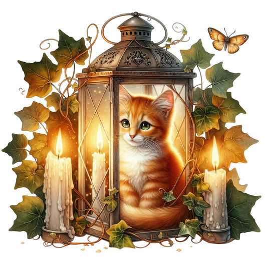 autumn, fall, cat, kitten, orange tabby, ginger, animals, nature, lantern, candles, candlelight, ivy, ivy leaves, vines, butterflies, warm gold, golden yellow, cream, bronze, copper, vintage, rustic, whimsical, elegant, cozy, autumn leaves, seasonal, wall hanging, home decor, nature lover