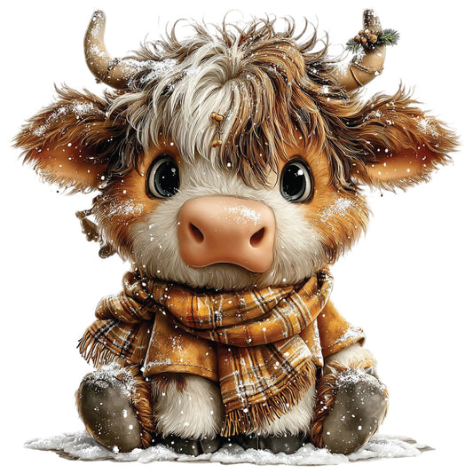 christmas highland cow, fabric panel, quilting cotton, winter scene, snow covered, brown fur, cream white, black eyes, orange plaid scarf, small horns, cute cartoon style, festive seasonal, holiday themed, adorable animal, fluffy texture, sitting pose, winter accessories, cozy atmosphere, children's design, craft project