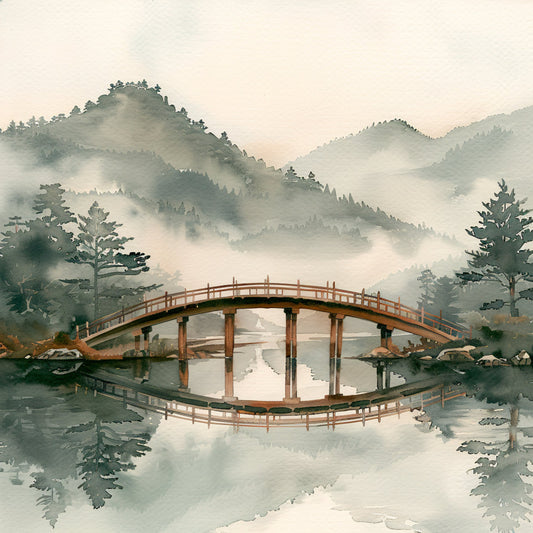 asian landscape, misty mountains, wooden bridge, nature scene, traditional art, serene water, forest green, sage green, soft gray, cream, beige, taupe, muted tones, zen aesthetic, peaceful, elegant, vintage style, oriental, Japanese inspired, ink painting, landscape art, pagoda, trees, water reflection, contemplative, tranquil, botanical, artistic, wall hanging, home decor