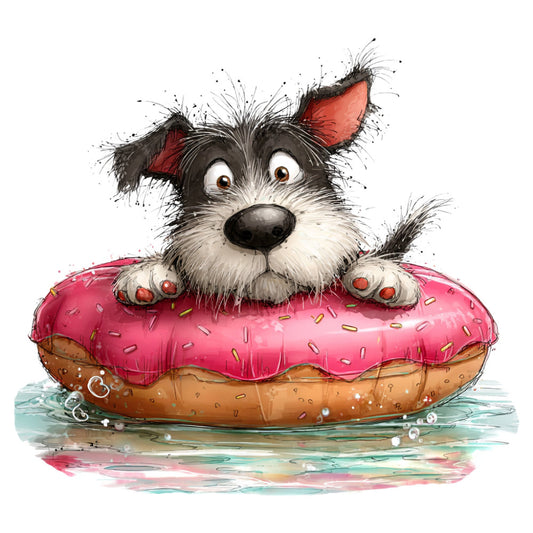 dog, puppy, pink frosting, hot pink, coral pink, white, black, brown, whimsical, cute, playful, donut, food, animals, children, kids, illustration, watercolor, splatter effect, sweet, dessert, fun, cartoonish, nursery, baby, quirky, humorous, magical, fantasy