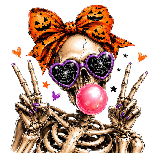 halloween, skeleton, skull, orange, purple, pink, gold, black, spiderweb, hearts, stars, bow, bubblegum, bone hands, peace sign, whimsical, fun, playful, festive, holiday, autumn, fall, gothic, edgy, trendy, modern, fashion-forward, decorative, statement print, novelty