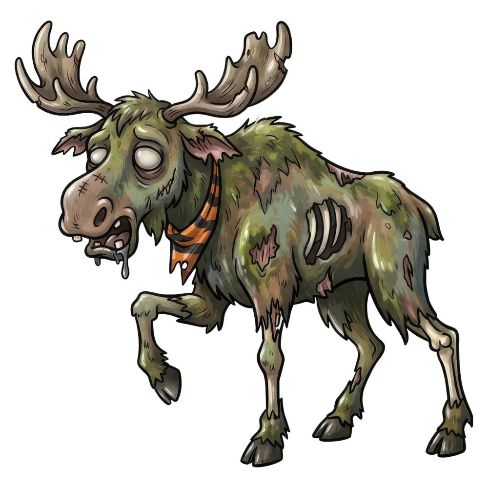 zombie moose, undead animals, humorous wildlife, moss green, olive green, tan brown, decay pattern, stitched details, distressed look, horror themed, creepy cute, funny animals, whimsical monsters, autumn colors, rustic style, nature gone wrong, damaged texture, Halloween fabric, novelty print, character design, woodland creatures, spooky animals, earthy tones, folk art style, quirky wildlife, playful dark humor, wall hanging, home decor