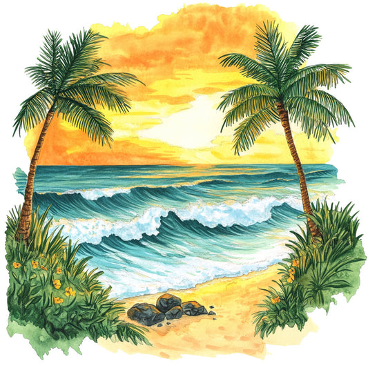 tropical beach sunset, palm trees, ocean waves, golden yellow, turquoise blue, sandy beach, coastal, nautical, summer, seascape, tropical plants, white foam waves, vibrant colors, beach scene, sunset sky, orange sky, beach grass, rocks, nature, whimsical, scenic, vacation theme, seaside, island vibes, watercolor style, landscape, travel inspired, warm tones, teal water, yellow sand