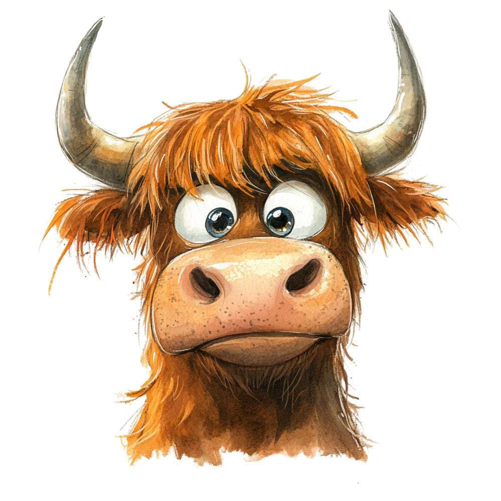 highland cattle, scottish highland, brown cow, rust orange, cream, tan, beige, bronze horns, farmhouse, whimsical, cute animals, livestock, cattle portrait, humorous animals, country style, rustic animals, farm animals, children's fabric, nursery, playful, big eyes, character face, detailed illustration, woodland, nature inspired, animal lovers, decorative panel, wall hanging