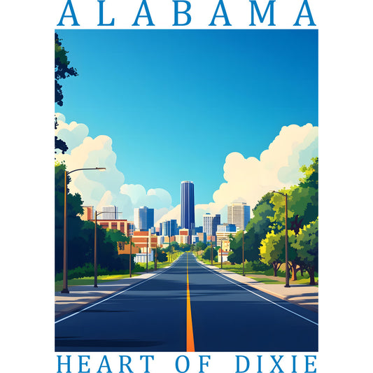 fabric panel, alabama, cityscape, road scene, blue sky, white clouds, green trees, orange yellow line, urban skyline, buildings, street view, travel poster, state pride, southern, quilting cotton, bright blue, cream clouds, leafy trees, power lines, downtown vista