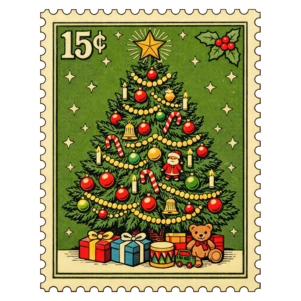 christmas, vintage, holiday, festive, traditional, whimsical, nostalgic, forest green, cream, red, gold, yellow, christmas tree, ornaments, candy canes, bells, stars, presents, gifts, teddy bear, toy train, drum, holly berries, candles, beads, garland, decorations, retro, 1950s, winter
