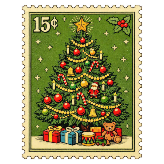 christmas, vintage, holiday, festive, traditional, whimsical, nostalgic, forest green, cream, red, gold, yellow, christmas tree, ornaments, candy canes, bells, stars, presents, gifts, teddy bear, toy train, drum, holly berries, candles, beads, garland, decorations, retro, 1950s, winter