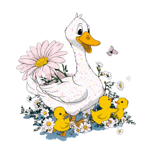 white duck, yellow ducklings, pink flowers, daisies, floral, animals, nature, spring, baby, whimsical, gentle, soft, pastel colors, cream white, golden yellow, soft pink, butterflies, cheerful, nursery, sweet, farmyard, mother and babies, botanical, cottage style, timeless, innocent, playful, children's design