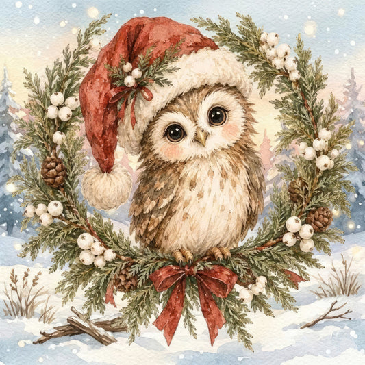 christmas owl, holiday owl, festive owl, red santa hat, winter owl, snowy landscape, evergreen wreath, white berries, pinecones, rustic holiday, vintage christmas, whimsical christmas, cream colored owl, brown owl, forest green, dusty rose, cream and red, traditional christmas, farmhouse holiday, woodland theme, winter forest, snow scene, holiday wreath, festive bird, christmas animal, seasonal decoration, elegant holiday, watercolor style, cottage core christmas, nostalgic holiday