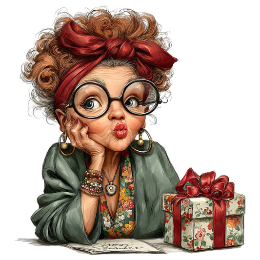 vintage portrait, grandma character, whimsical, retro style, sage green, rust red, burgundy, floral print, character fabric, novelty print, humorous, quirky, fun design, gift themed, red bow, glasses motif, curly hair, mid-century modern, playful, decorative, heirloom style, traditional print, portrait panel, fashion illustration, nostalgic, feminine, colorful details, statement piece