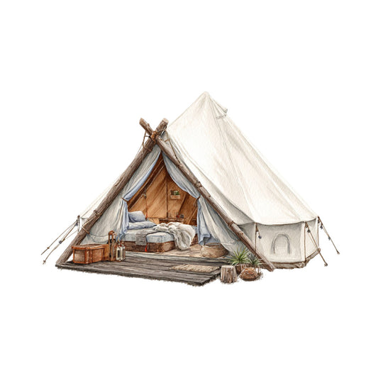 glamping, bell tent, canvas tent, cream, beige, tan, natural, wood tones, brown, vintage camping, outdoor adventure, travel, wanderlust, rustic, bohemian, boho, camping theme, tent motif, cozy retreat, nature inspired, camping decor, wall hanging, home decor, adventure theme, minimalist, cottage core, safari tent, botanical, plant pot, peaceful