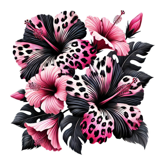 hot pink, black, white, leopard print, animal print, butterflies, hibiscus, tropical flowers, floral, nature, modern, bold, vibrant, contemporary, statement print, butterfly motif, spotted pattern, exotic, garden, botanical, summer, spring, striking contrast, high contrast, artistic, decorative, wild, glamorous, maximalist, artistic floral