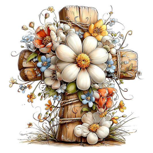 cream flowers, wooden cross, rustic brown, orange blossoms, blue petals, yellow centers, floral arrangement, religious motif, botanical design, weathered wood, spring flowers, daisy-like blooms, vintage illustration, fabric panel, quilting cotton, cottage garden, wildflowers, pastel palette, decorative vines, faith themed