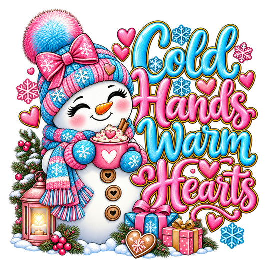 hot pink, bright blue, white, coral, gold, snowflake, heart, winter, christmas, holiday, snowman, festive, whimsical, cute, cheerful, cozy, warm hearts, seasonal, cold hands warm hearts, gift box, present, lantern, knit pattern, striped scarf, pom pom hat, gingerbread cookie, evergreen, pine branch, berries, love theme