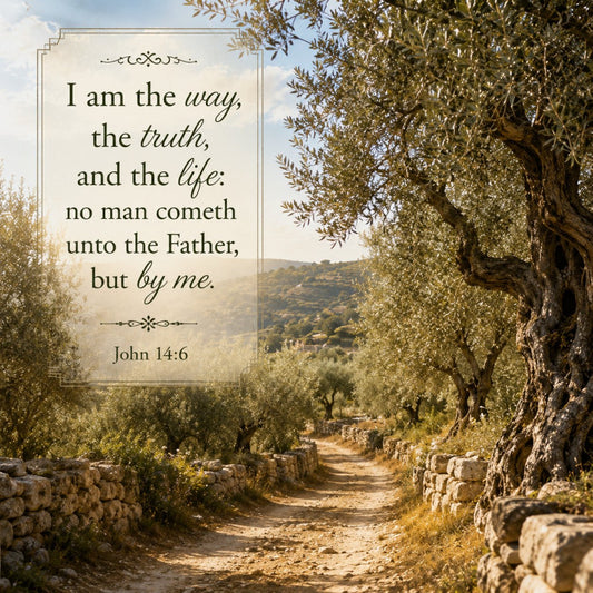 religious, scripture, john 14:6, spiritual, faith, bible verse, olive trees, nature landscape, countryside, rustic, peaceful, inspirational, beige, cream, tan, olive green, earth tones, mediterranean, pathway, stone walls, traditional, elegant, motivational quote, wall hanging, home decor, farmhouse, warm neutral, timeless, spiritual gifts