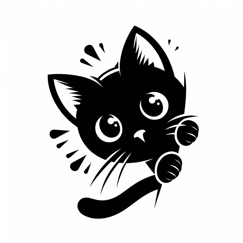 black cat, white background, peeking cat, large eyes, cute kitten, monochrome, black and white, cartoon style, playful design, fabric panel, quilting cotton, animal motif, cat lover, whimsical, adorable feline, craft fabric, sewing panel, pet theme, kawaii style, graphic illustration