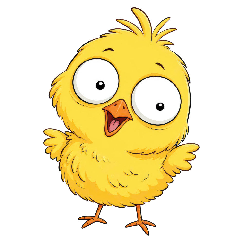 bright yellow, golden yellow, orange, cute chick, baby chick, cartoon bird, whimsical, playful, children's fabric, baby themed, farm animals, farmhouse style, spring, easter, cheerful, happy, expressive eyes, fluffy feathers, animal characters, kids fabric, nursery decor, fun prints, colorful, vibrant, illustrated animals, storybook style, baby quilt, wall hanging, cheerful prints