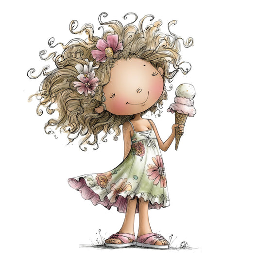 whimsical girl, curly hair, flowers in hair, ice cream cone, floral dress, spring, summer, pastel colors, cream, soft pink, dusty rose, sage green, tan, brown, children's illustration, character panel, cute, playful, feminine, nature-inspired, botanical, girl theme, kids fabric, baby quilt, nursery decor, storybook style, hand-drawn, delicate florals, rose motifs, daisy motifs