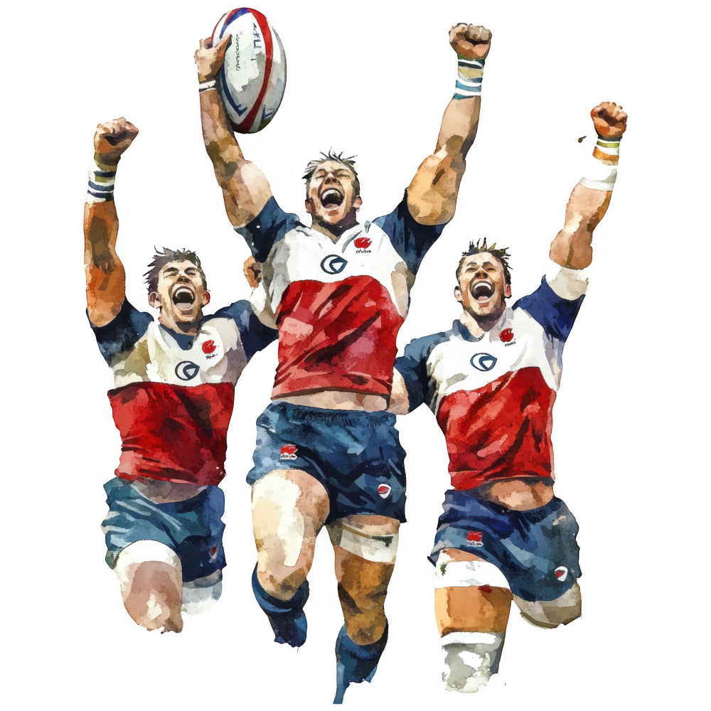 rugby, sports, team celebration, victory, athletes, navy blue, red, white, cream, watercolor, illustration, masculine, dynamic, action, competitive spirit, team sports, trophy moment, jubilant, energetic, modern art, portrait, figurative, inspirational, motivational, wall hanging, home decor, sports fan, gift fabric