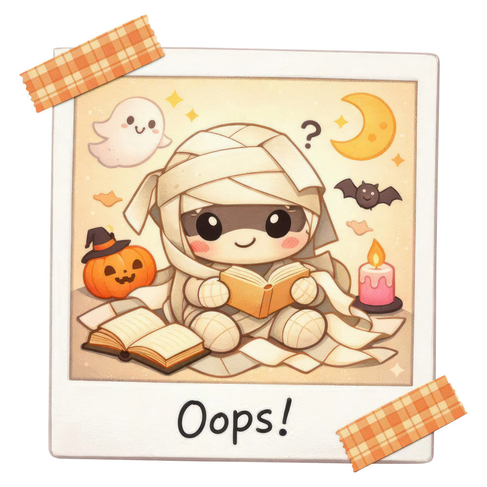halloween, mummy, cute, whimsical, autumn, fall, cream, beige, tan, orange, golden yellow, pink, brown, ghost, pumpkin, bat, moon, candle, book, cozy, playful, spooky, festive, children's, kid-friendly, vintage halloween, pastel, soft, charming, seasonal