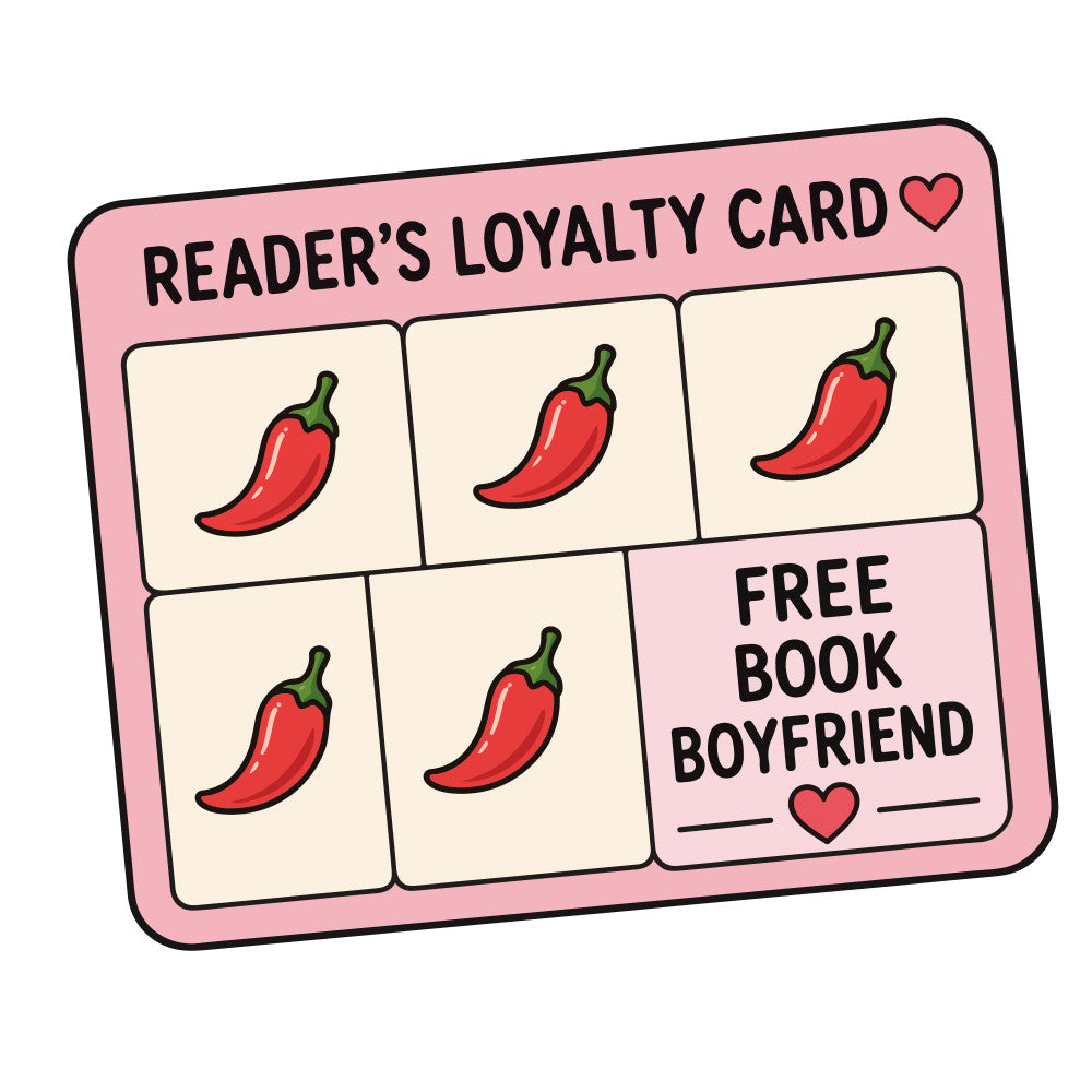 pink, red, chili pepper, hot pepper, loyalty card, reader, book lover, bookish, whimsical, humorous, funny, novelty, romantic, love, hearts, red peppers, spicy, playful, modern, contemporary, literary, book themed, punny, quirky, indie style, casual, fun gift, book boyfriend, cream background, retro inspired