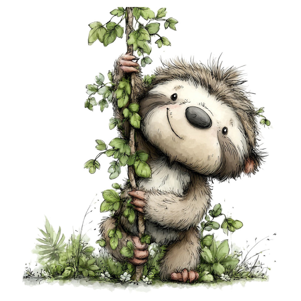 woodland creature, hedgehog, cute animal, whimsical, nature themed, forest green, cream, tan, brown, beige, sage green, hop plant, botanical, woodland, children's fabric, baby quilt, nursery, storybook illustration, whimsical animal, gentle, soft colors, watercolor style, illustrated, garden theme, nature lover, animal lover, spring, summer, playful, charming