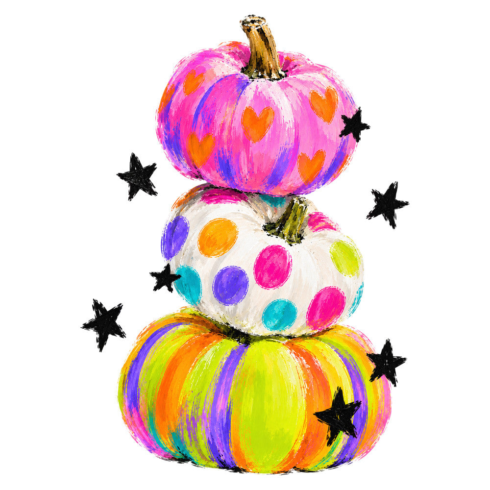 bright pink, magenta, orange, yellow, lime green, purple, blue, turquoise, white, gold stem, colorful stripes, polka dots, hearts, stars, whimsical, playful, halloween, autumn, fall, festive, children's, kids, stacked pumpkins, layered design, bold colors, vibrant, fun, modern, casual, seasonal