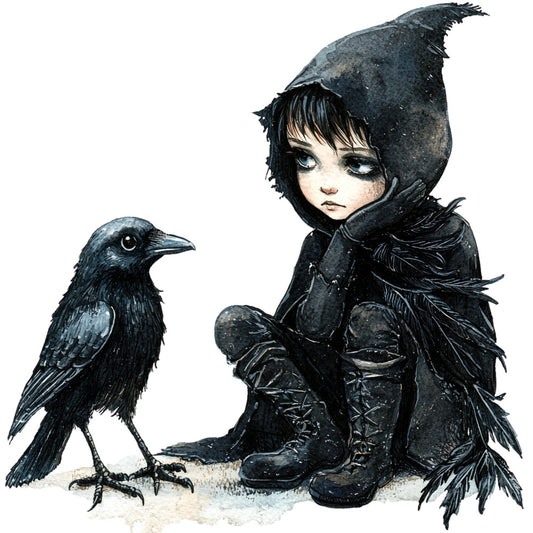black, charcoal gray, dark gray, gothic, whimsical, dark whimsy, birds, ravens, crows, children, girl, boots, feathers, moody, enchanted, fairytale, storybook, fantasy, dark fantasy, illustration art, contemporary, artistic, autumn, winter, mysterious, dark aesthetic, nature, wildlife